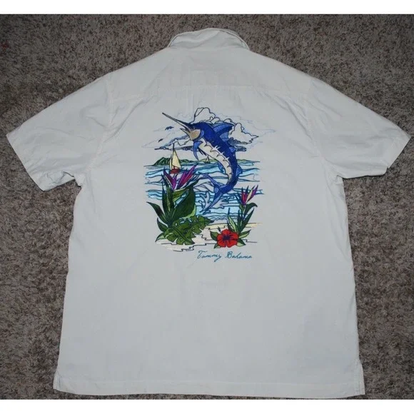 Tommy Bahama Men's L Hawaiian Marlin Embroidered Button Shirt Faint Flaw - Picture 6 of 7